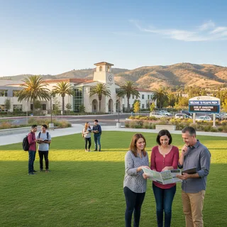 Sunny California exterior of a modern public high school building with landscaping.