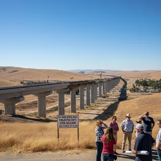 Photorealistic depiction of a sun-drenched Californian landscape with the initial stages of a high-speed rail project underway.
