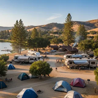Several campsites with tents, RVs, and cabins nestled in a sunny, natural landscape in California.