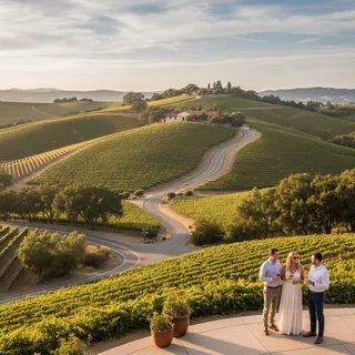Vineyard landscape with rolling hills and grapevines under the Californian sun, ready for tours