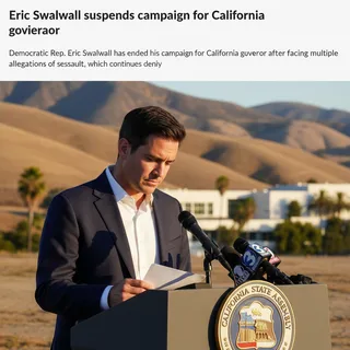 Eric Swalwell standing outdoors in a realistic setting under natural sunlight.