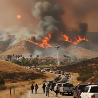 Flames engulf dry brush as smoke billows into smoky orange sky during the Springs Fire in California.