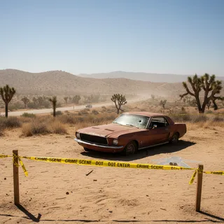 Crime scene with a distant building under a bright, natural sun lighting.