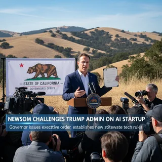 Governor Newsom stands firm, addressing the press with California's State Capitol building in the background.