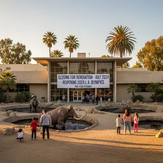 Photorealistic depiction of the Page Museum at La Brea Tar Pits under a Californian sun.