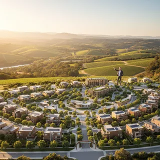 Architectural photography shows a wide establishing shot of Esmeralda, a planned walkable village in Sonoma County with homes and public spaces.