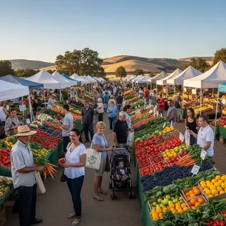 Vibrant California farmers market with fresh produce under the Californian sun, showcasing a realistic setting.