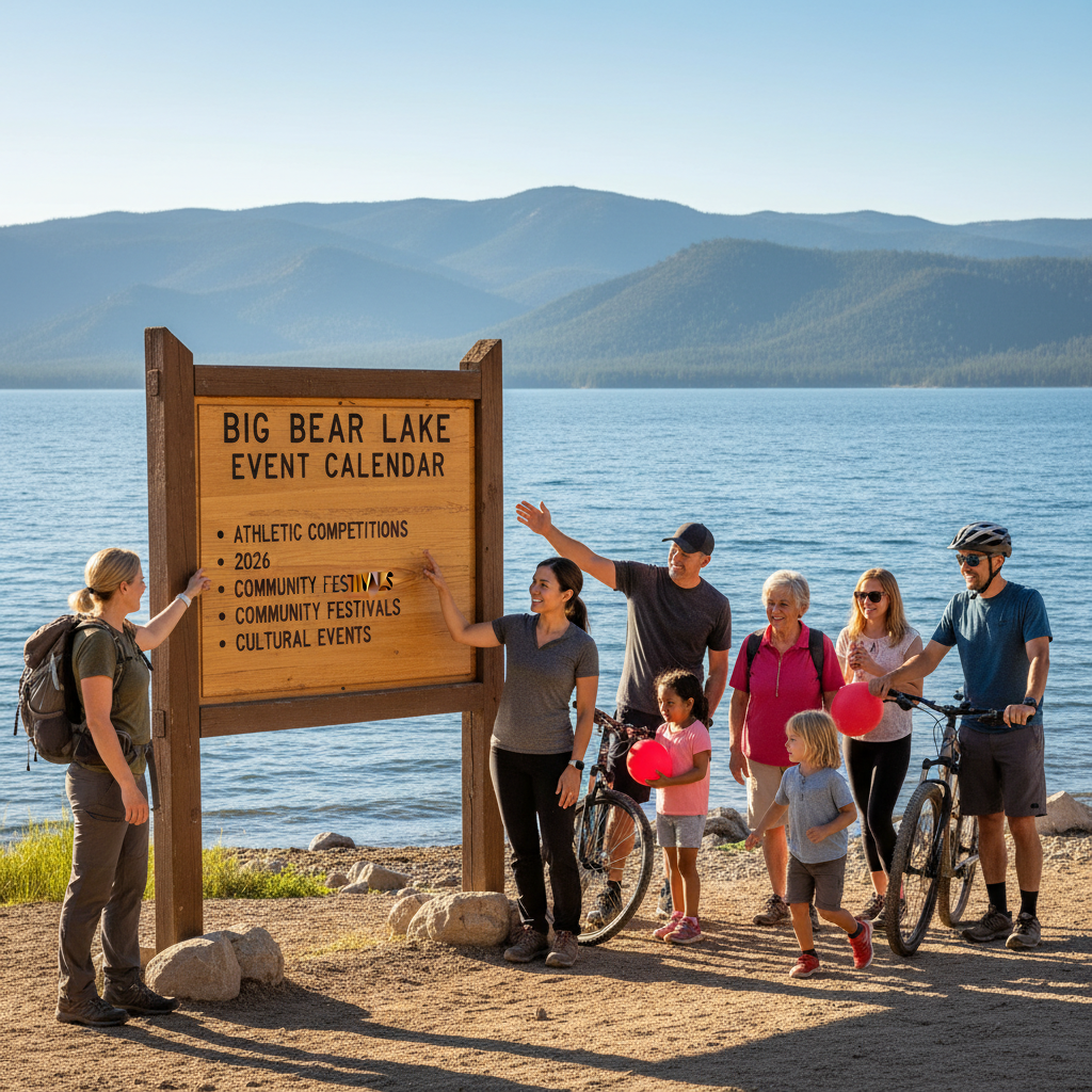 A photorealistic depiction of Big Bear Lake with a sun-drenched atmosphere, hinting at community events.