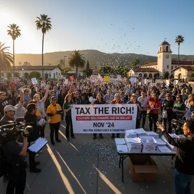 Golden California sun shines on a large building, representing the wealth of billionaires subject to a new tax proposal.