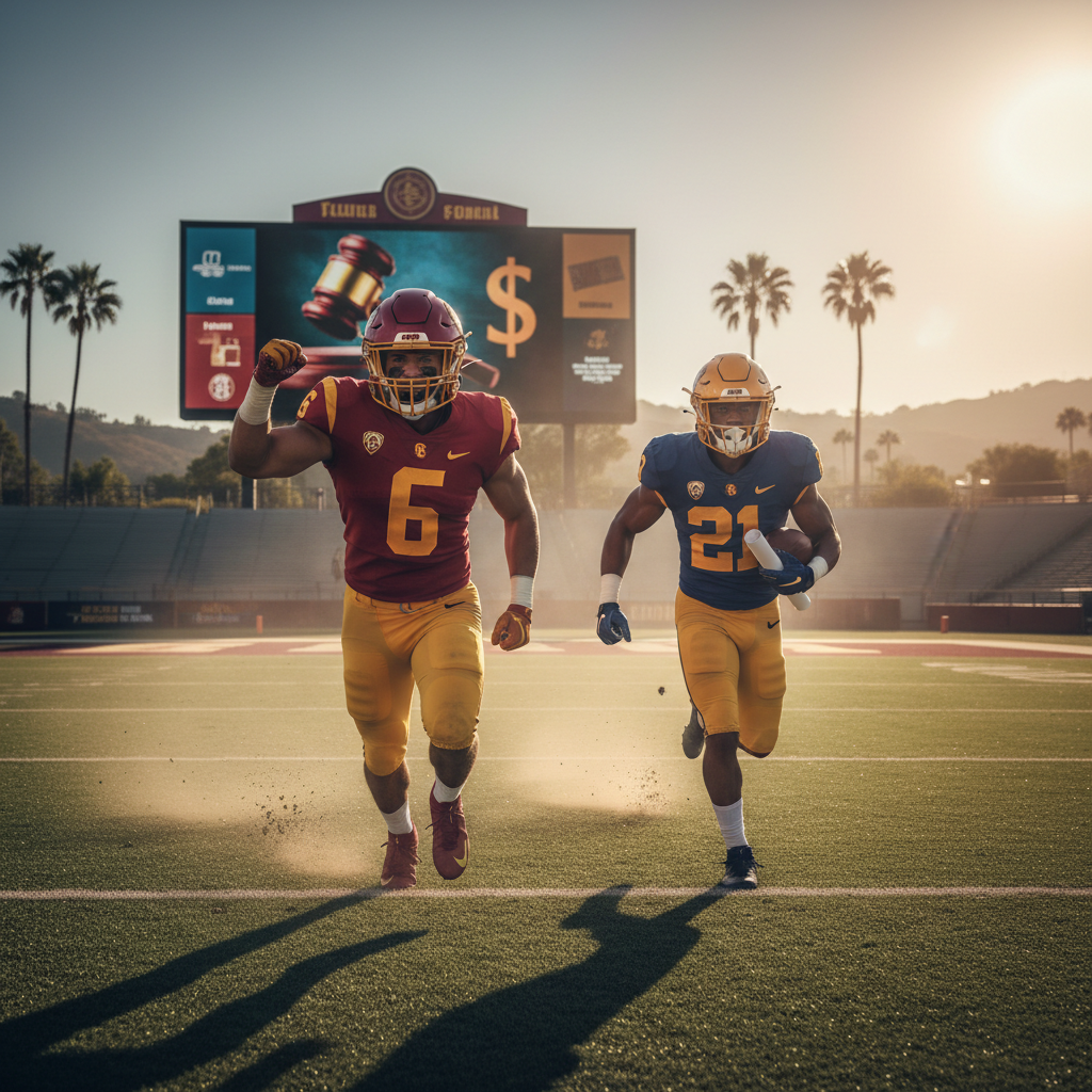 Two football players in California, one holding a ball, stand on a field in front of a stadium.