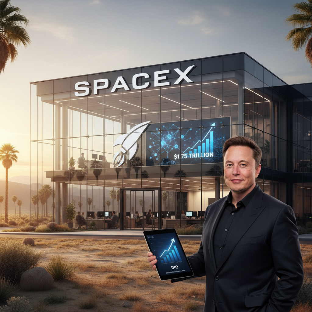 Modern office with SpaceX rocket blueprints and subtle AI motifs in a Californian setting.