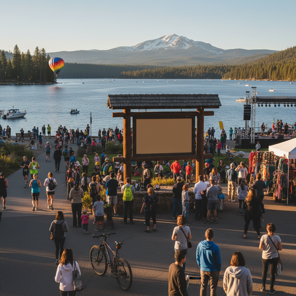 Sun-drenched Big Bear Lake with distant mountains, showcasing a vibrant community gathering with people enjoying outdoor activities.