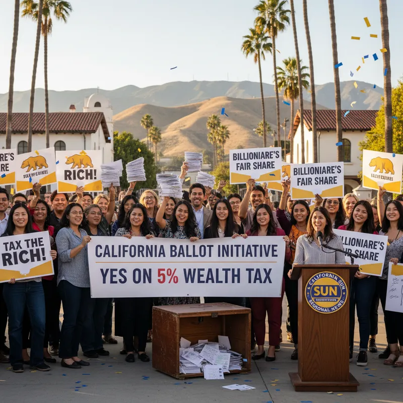 California sun shines on a petition being signed, representing a billionaire tax proposal.