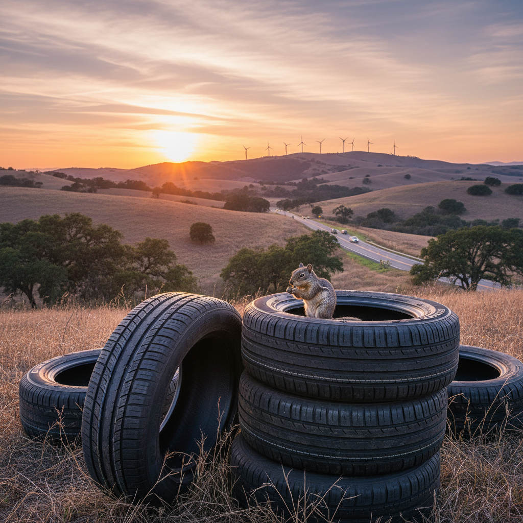 Sunlit California highway with efficient tires on a car, symbolizing new energy regulations