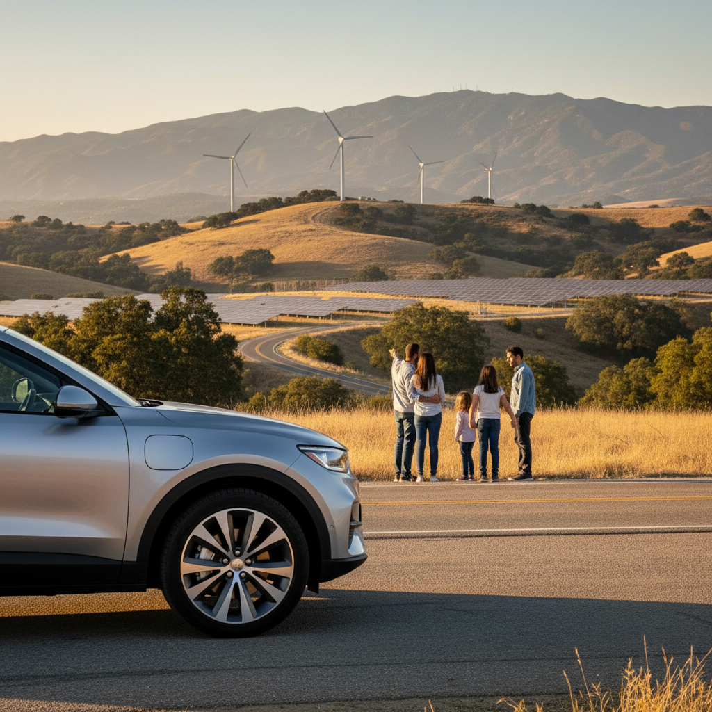 Sunlit California highway with energy-efficient tires on a car driving towards a greener future.