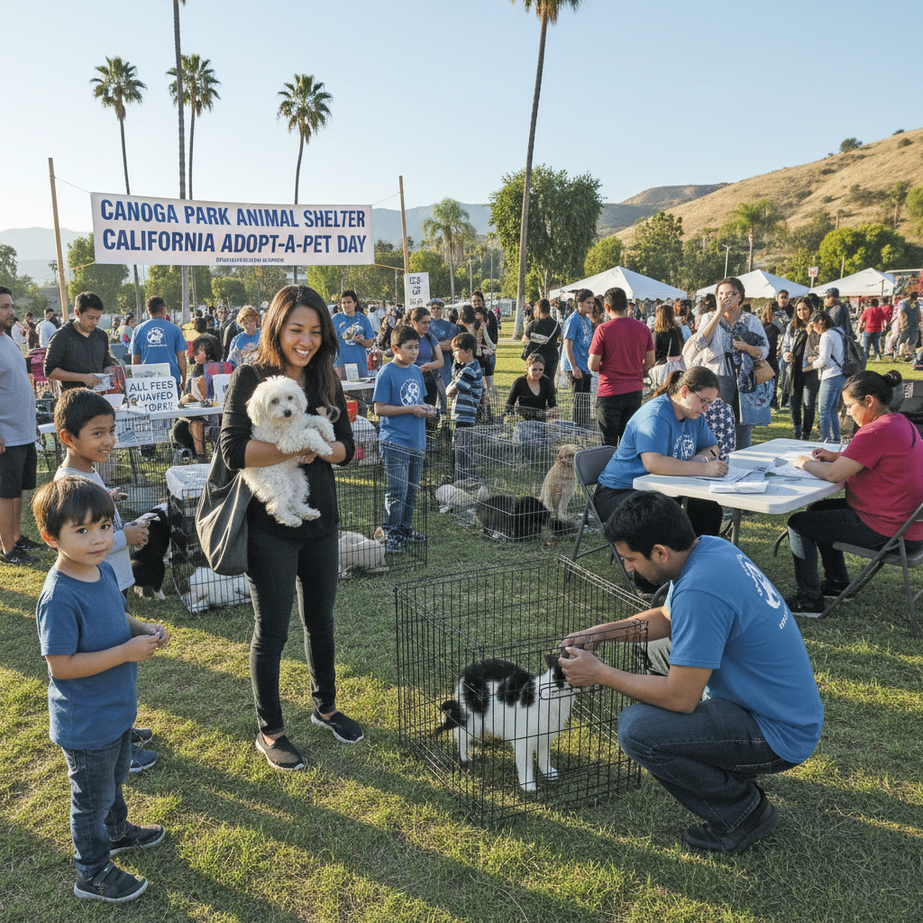 A diverse group of adorable dogs and cats await adoption during California Adopt-a-Pet Day in Canoga Park.