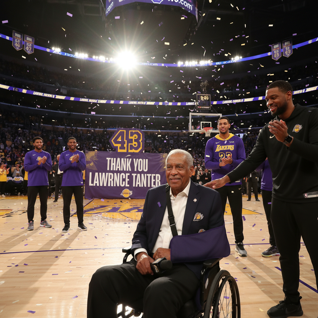 Los Angeles Lakers' announcer Lawrence Tanter, known for his iconic voice, is seen in a stadium setting.