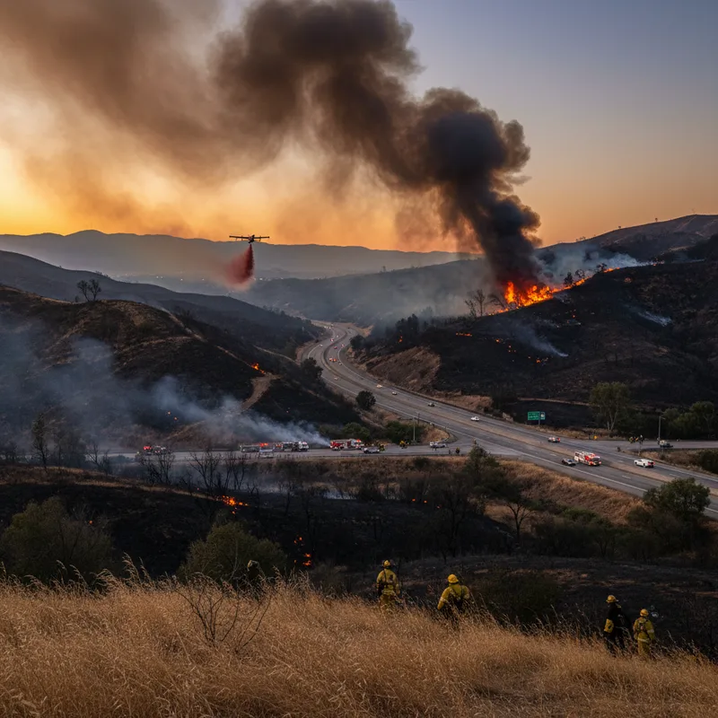 Kern County wildfire rages near Interstate 5, scorching 520 acres of land under a hazy sky.