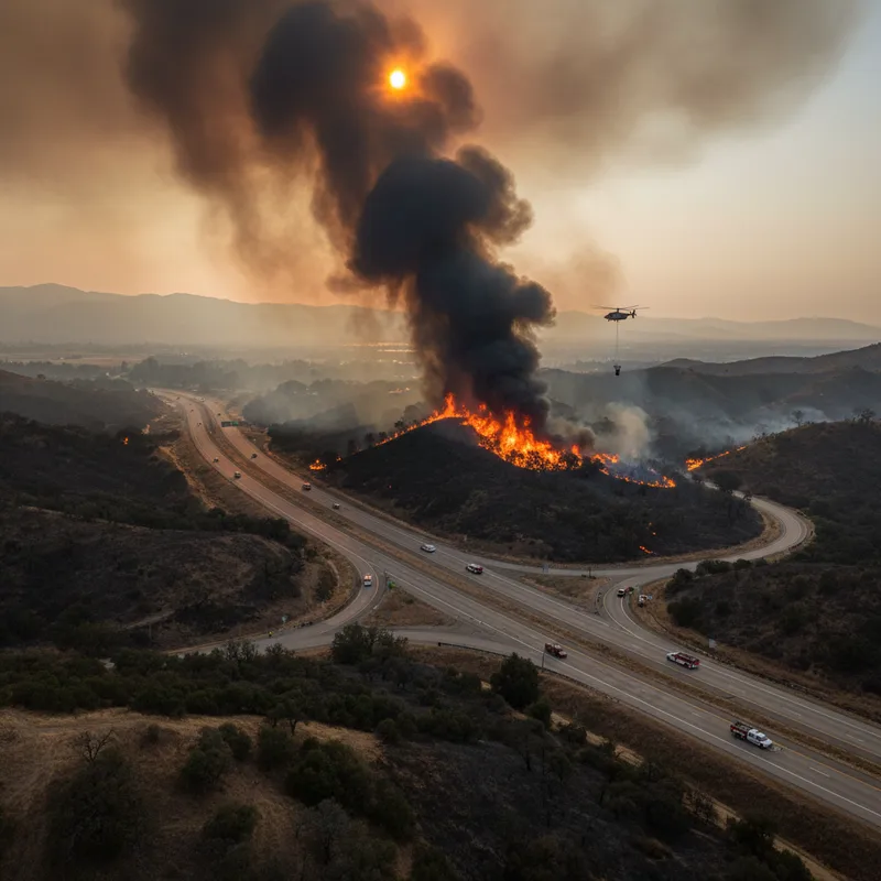 Kern County landscape with smoke rising from a wildfire near Interstate 5.