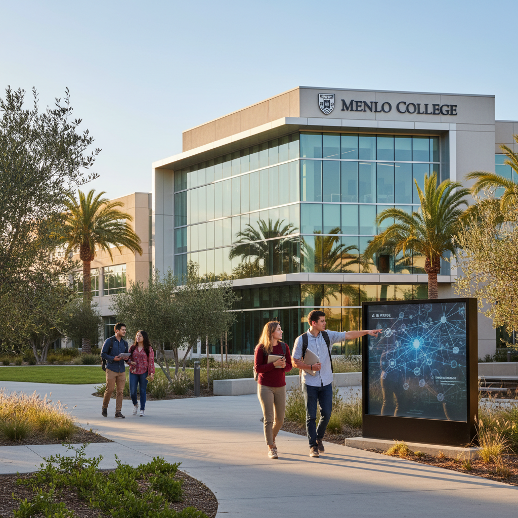 Menlo College's modern building exterior with landscaped grounds on a sunny day.