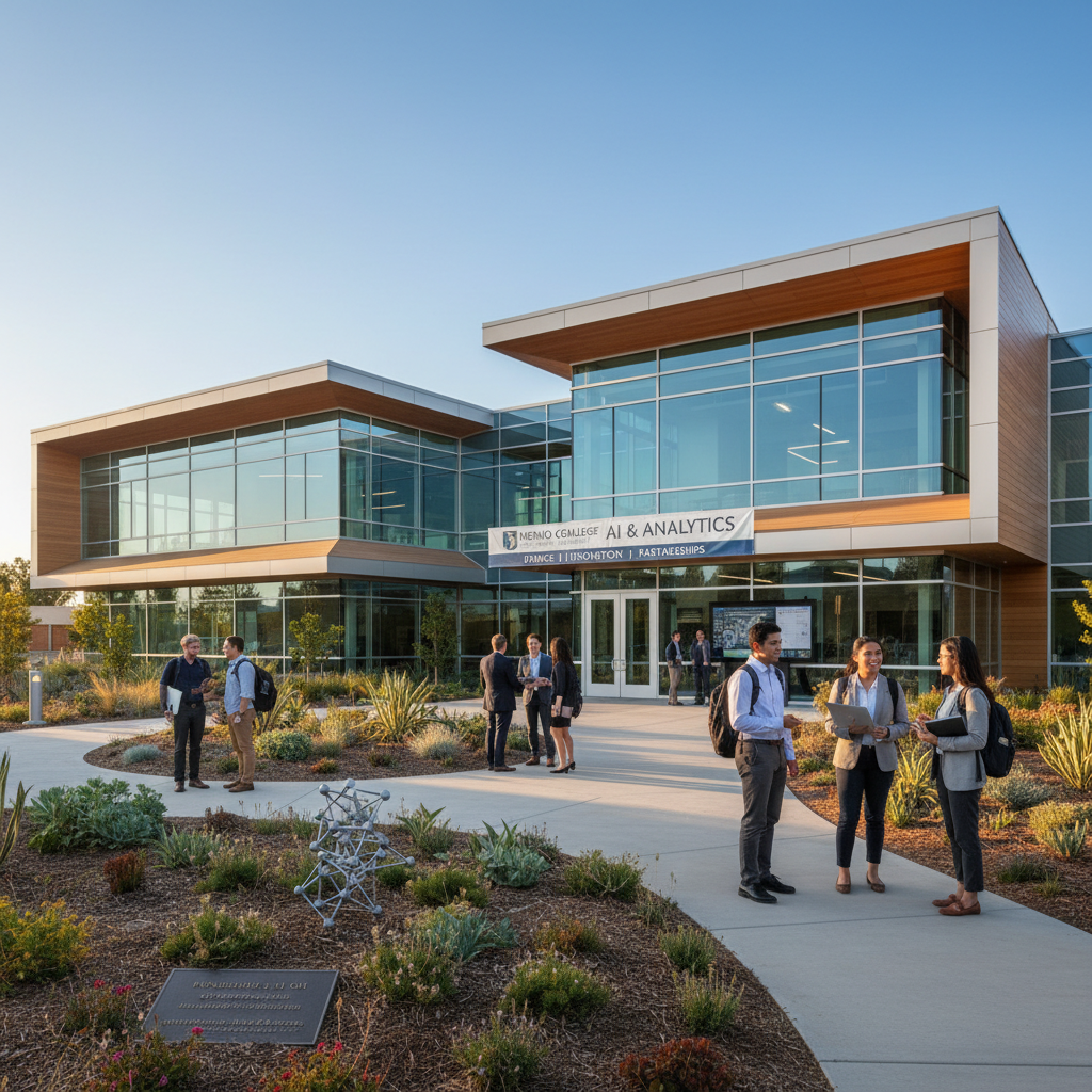 Menlo College modern building exterior with landscaped grounds in Silicon Valley.