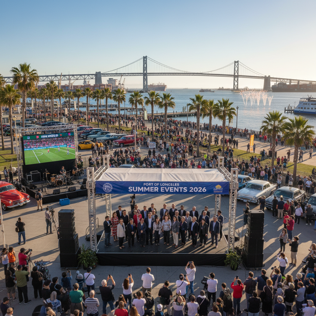 Sunlit waterfront view of the Port of Los Angeles with event banners waving, showcasing a vibrant summer atmosphere for 2026.