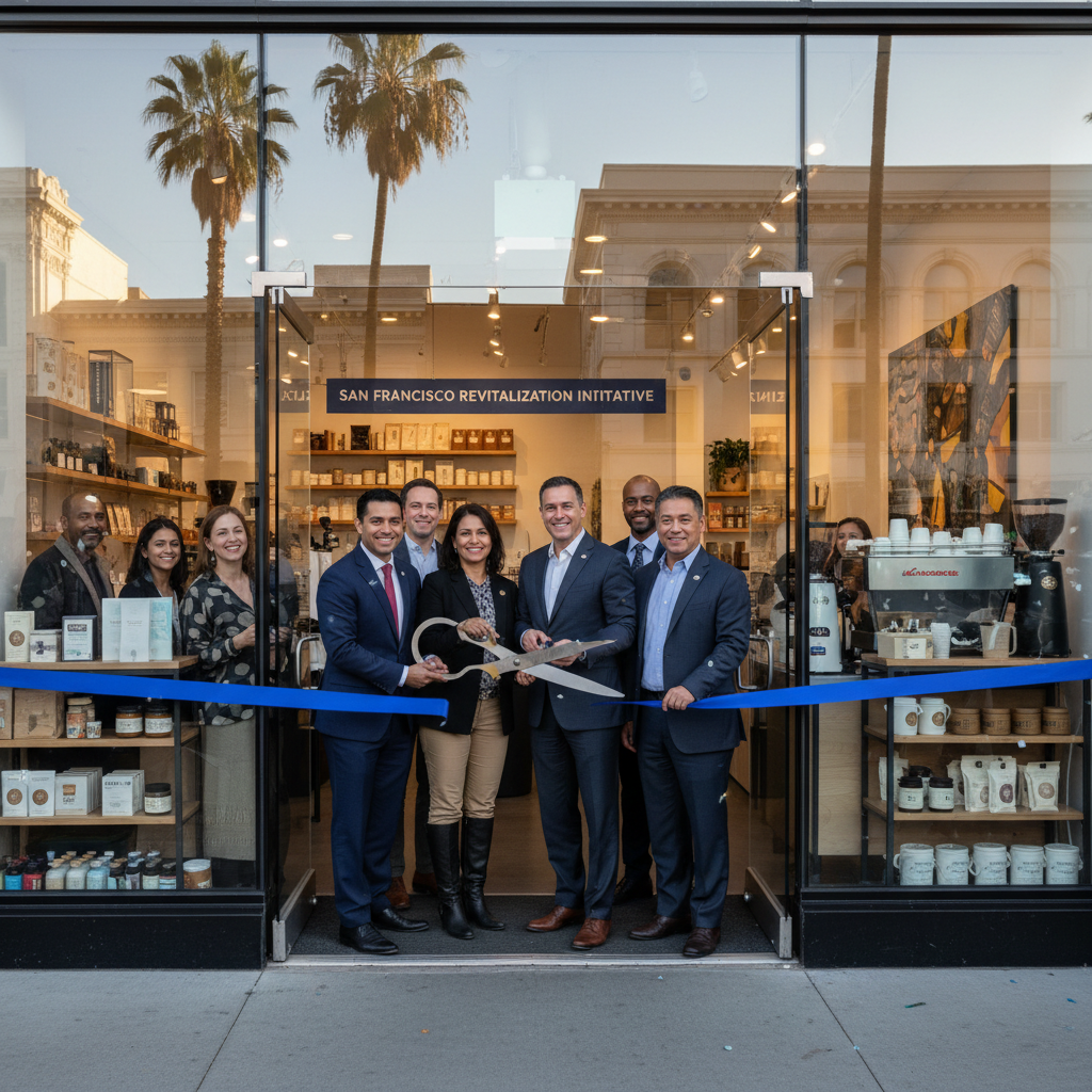 Photorealistic image of a modern San Francisco storefront with a business owner receiving assistance for a new venture.