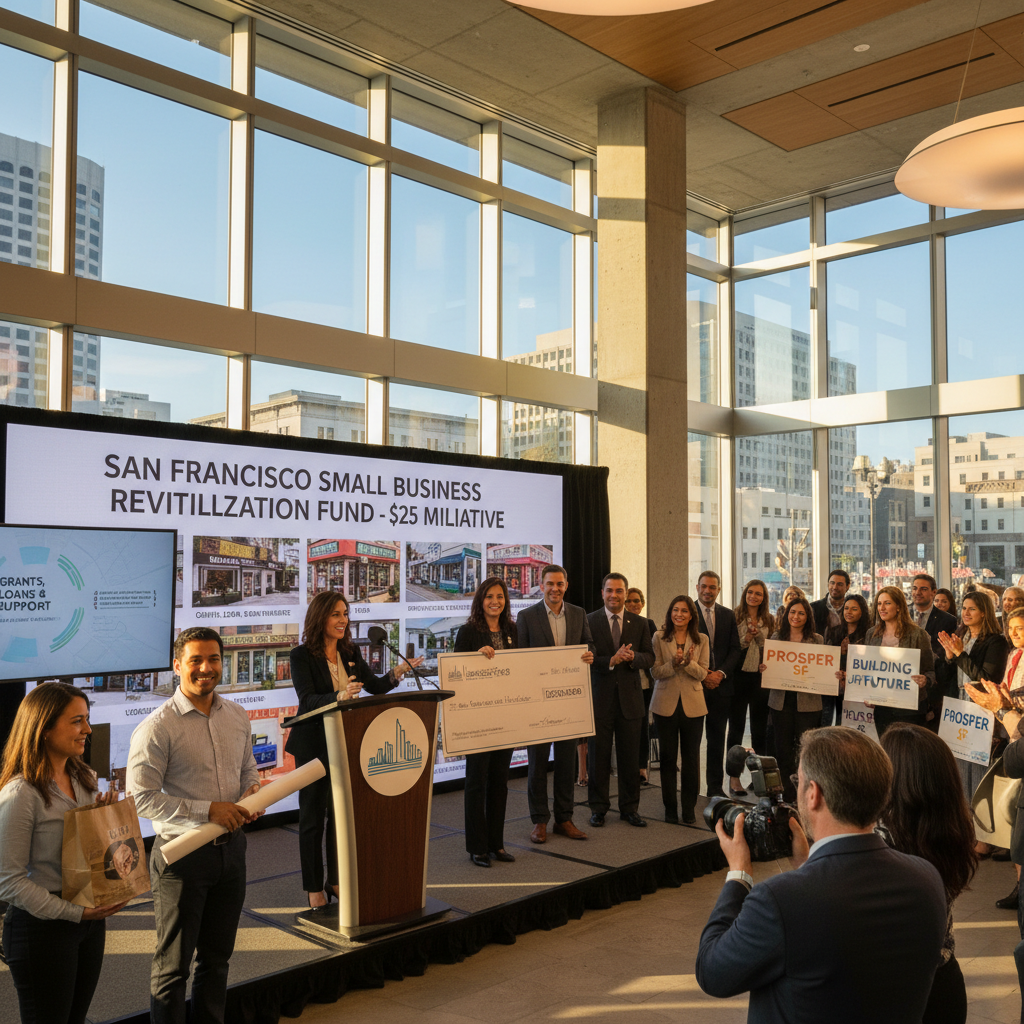 Photorealistic image of a modern San Francisco storefront with a 'Grand Opening' sign, representing small business revitalization.