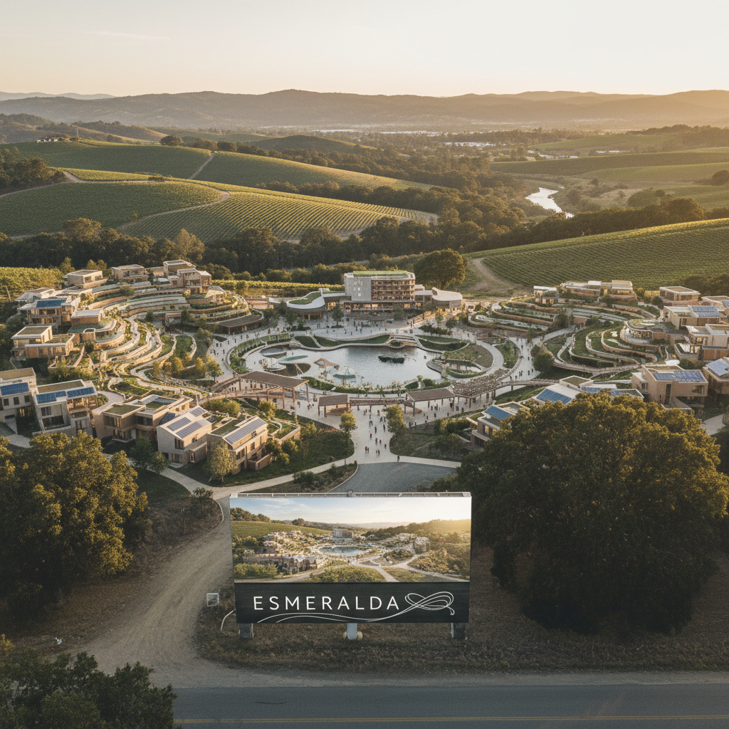 Wide shot of a planned utopian village in Sonoma County with hundreds of homes, a hotel, and public spaces.