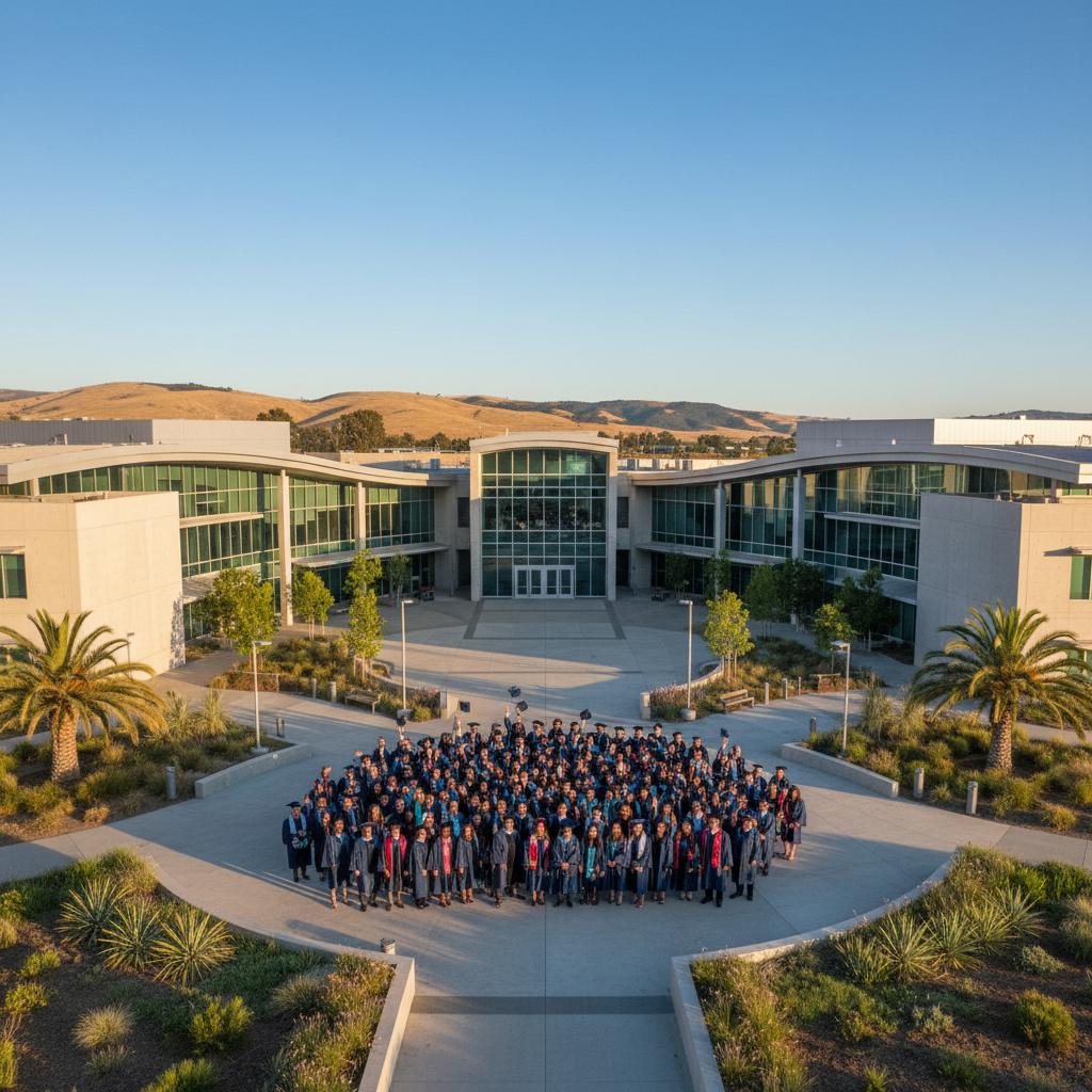 Modern building exterior with landscaped grounds at Touro University California with hundreds of graduates entering the health care field.